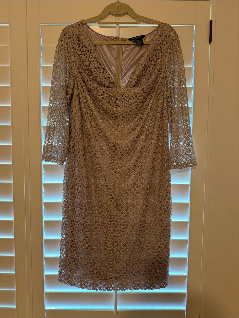 Etcetera Taupe/Gold Lace Drape V-Neck Long Sleeve Dress